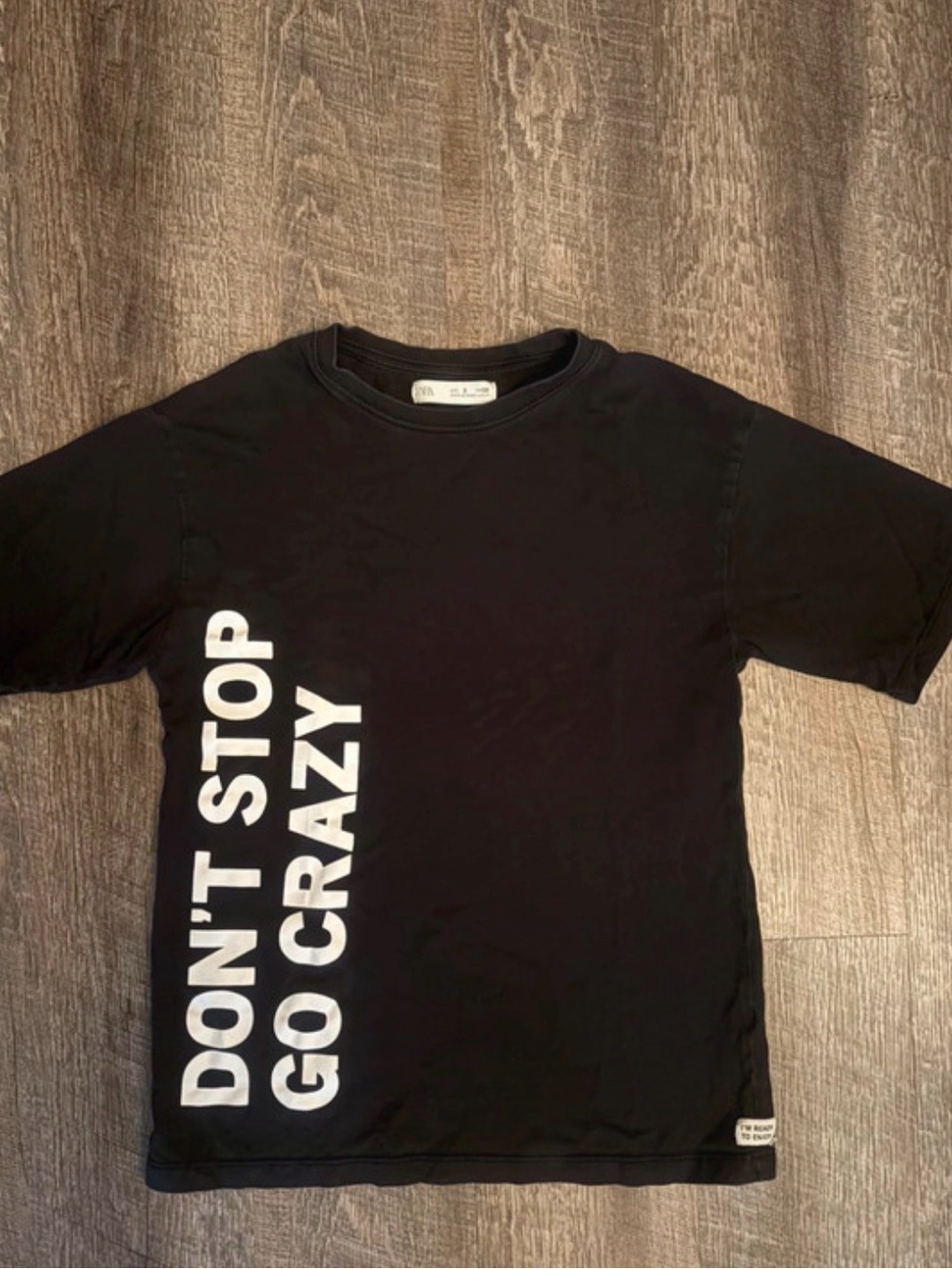 Zara Kids Black Tee with White Vertical "DON'T STOP GO CRAZY" Graphic